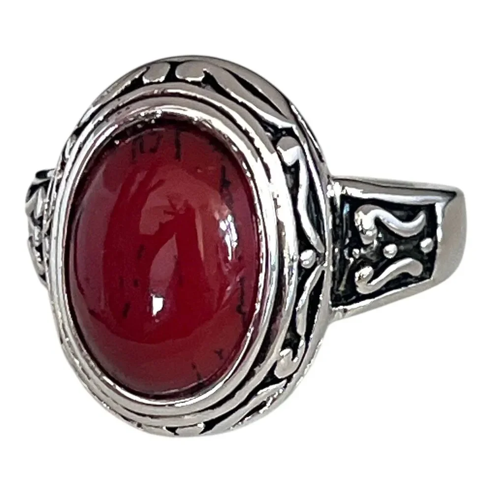 New Premier Designs Ring Size 6 Antiqued Silver Tone Red Cabochon  9M